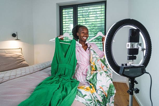 A creator showing dresses to a phone on a ring light